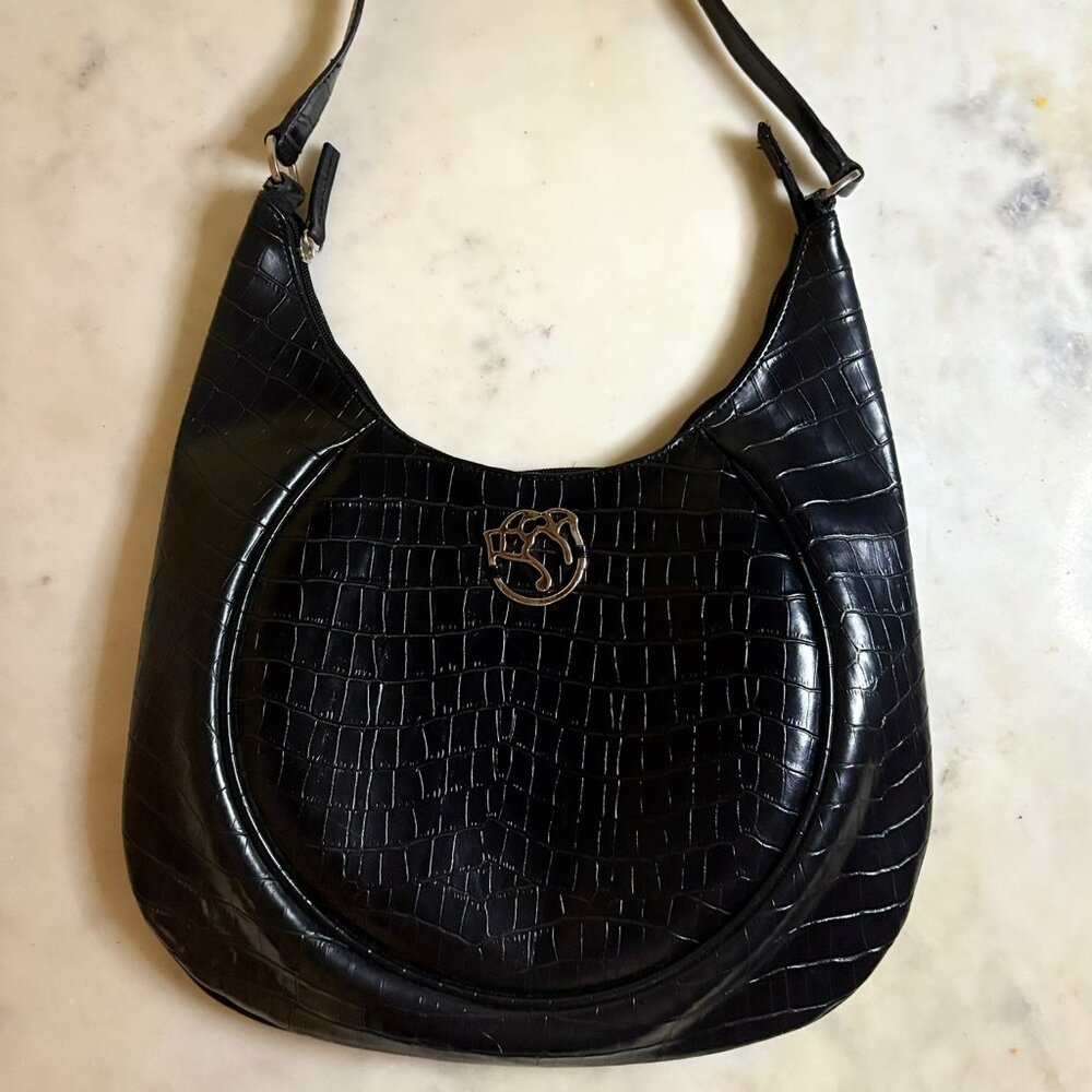 BRACCIOLINI Black Crocodile Embossed Handbag | Italian Saddlebag Purse